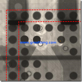 BGA錫球尺寸小于0.4mm，采用降低BGA內(nèi)圍襲球的錫膏量所得到X-Ray，稍微留意一下可以發(fā)現(xiàn)最外圈的錫量(圓的直徑)比其他內(nèi)圍的錫球上的錫量來得多一點(diǎn)點(diǎn)。也就是外圈的黑色圓形直徑比內(nèi)圈的圓形來得大一點(diǎn)點(diǎn)。
