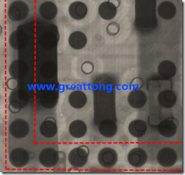 BGA錫球尺寸小于0.4mm，采用降低BGA內(nèi)圍襲球的錫膏量所得到X-Ray，稍微留意一下可以發(fā)現(xiàn)最外圈的錫量(圓的直徑)比其他內(nèi)圍的錫球上的錫量來得多一點(diǎn)點(diǎn)。也就是外圈的黑色圓形直徑比內(nèi)圈的圓形來得大一點(diǎn)點(diǎn)。