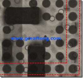 BGA錫球尺寸小于0.4mm，采用降低BGA內(nèi)圍襲球的錫膏量所得到X-Ray，稍微留意一下可以發(fā)現(xiàn)最外圈的錫量(圓的直徑)比其他內(nèi)圍的錫球上的錫量來得多一點(diǎn)點(diǎn)。也就是外圈的黑色圓形直徑比內(nèi)圈的圓形來得大一點(diǎn)點(diǎn)。