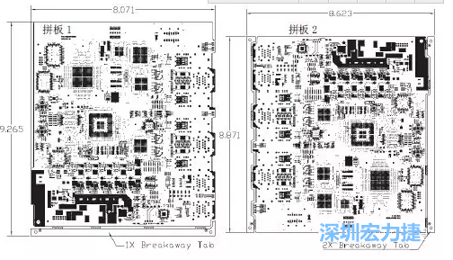 如圖7所示是使用不同數(shù)量邊條的拼板，拼板1僅使用了一個邊條，直接利用PCB另一邊作為SMT工藝傳送邊，并且PCB圖形中有合適的安裝孔；而拼板2則是按常規(guī)設計了兩個邊條。拼板方式為連接筋。圖中“Breakaway Tab”指邊條-深圳宏力捷