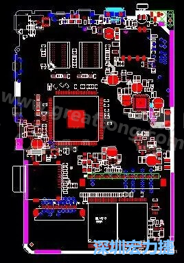 上圖是一個開發(fā)板的PCB，從布局中可以看出各個接口電路分離很明確，SDRAM和DDR以及SD卡接口電路等走線不會造成相互的干擾。-深圳宏力捷