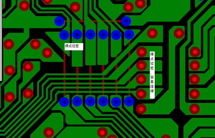 PCB設(shè)計(jì)焊點(diǎn)過(guò)密，易造成波峰連焊，焊點(diǎn)間漏電