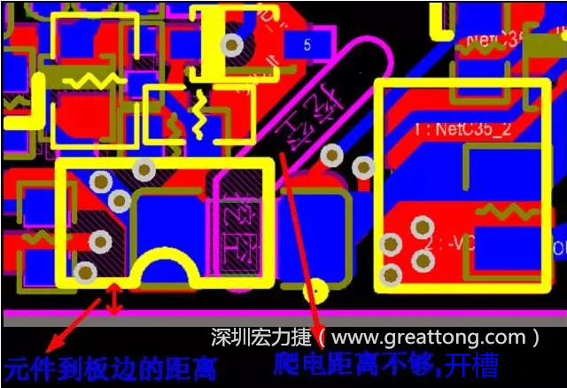 如果碰到模塊PCB空間有限，爬電距離不夠，可以采用開槽的方式