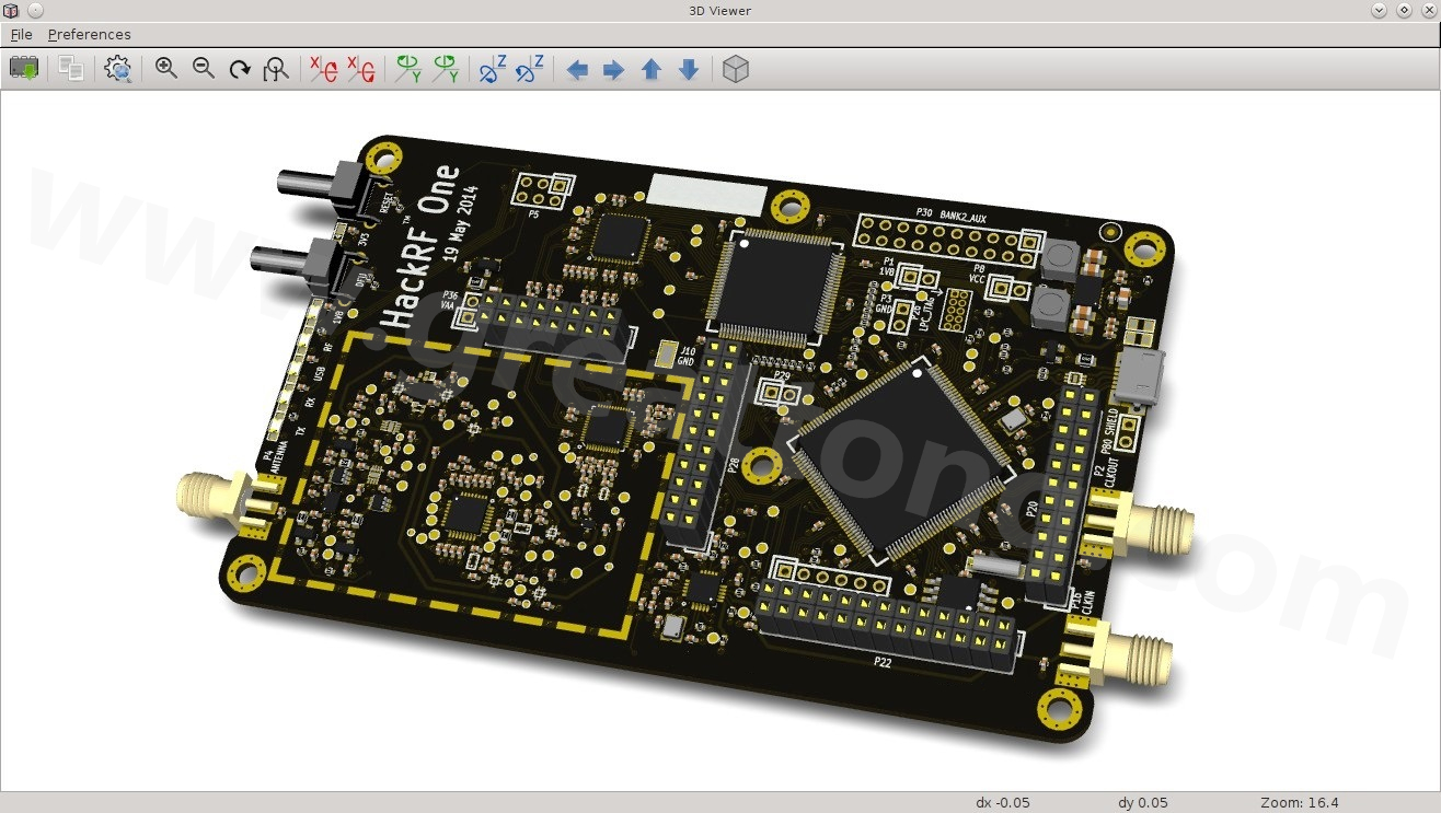 經(jīng)KiCad軟體3D功能渲染過的HackRF One電路板。