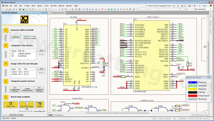 XJTAG DFT Assistant的Access Viewer模式可以清楚地顯示可用的測試存取層級，讓電路板設(shè)計人員在展開PCB布局以前的原理圖擷取階段盡可能地提高測試存取能力