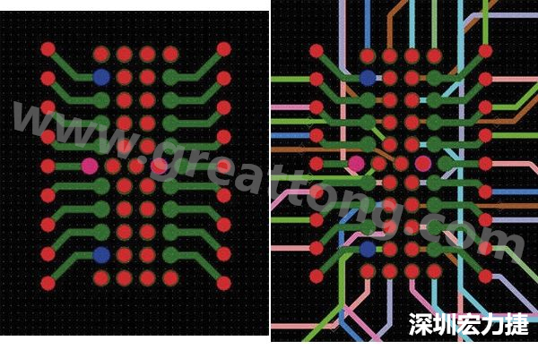 圖7：焊盤內(nèi)過孔用于內(nèi)部，而外部接腳在0.5mm閘格上扇出。圖7a顯示的是頂層(左)；圖7b顯示頂層和內(nèi)部布線層(右)。
