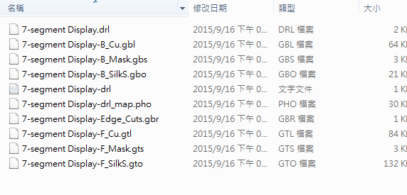 所謂Gerber檔，其實(shí)是包含一群檔案 (如下圖所示)，如包含正反面銅箔層 F.Cu B.Cu.，正反面文字面 F.Silkscreen ，B.Silkscreen，防焊層 SolderMask、板邊裁切Edge.Cuts 等。