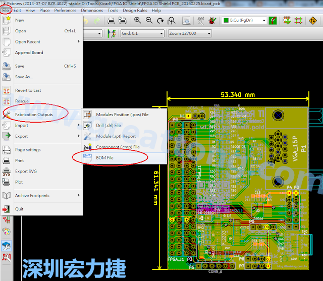 在Kicad的PCB Editor, 點(diǎn)選 File->Fabrication Outputs->BOM File, 即可產(chǎn)生一個(gè) .csv 的Excel 檔案。