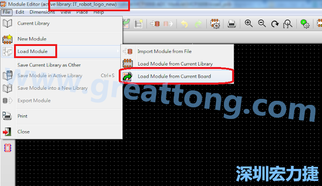 進入Module Editor去載入其他Footprint(Module)進來， 從目前的Active library (不過要先選取一個Current library ) 載入Module 或從目前正在編輯的PCB載入Module。